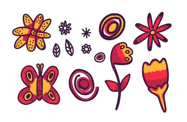 Set of hand drawn shapes and doodle design elements. Exotic jungle leaves, flowers and plants. Abstract contemporary modern trendy vector illustration. Perfect for posters, instagram posts, stickers.