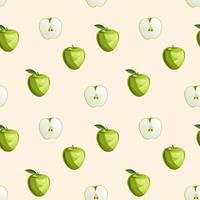 Green apple fruit and leaves seamless pattern. Food background. Vector cartoon flat illustration.