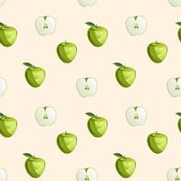 Green apple fruit and leaves seamless pattern. Food background. Vector cartoon flat illustration.