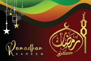 Vector ilustration off ramadan Kareem gold calligraphy typography in gradien background dark red and black background with curtain element