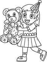 Birthday Girl Holding Teddy Bear Isolated Coloring vector