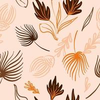 Abstract tropical leaves and florals seamless pattern. Boho autumn print for fabric, textile, exotic wallpaper, cover, wedding decoration. Vector repeat background in warm fall colors