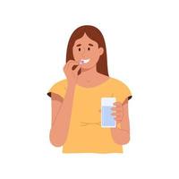 contento mujer tomando vitaminas, participación píldora y vaso de agua. sonriente niña bebida dosis de dietético suplemento, analgésico o antidepresivo medicina y drogas concepto. plano vector ilustración