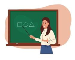 School teacher holding a pointer standing at the blackboard. Pedagogue woman speaking, explaining lesson in classroom. Education concept. Flat vector illustration isolated on white background