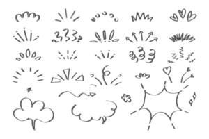 Cartoon doodle pop surprise line icons for decoration design. Comic celebration hand drawn elements. Outline ideas, attention, inspiration symbols. Vector illustration isolated on white background