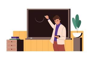 masculino colegio profesor dibujo curva en pizarra con tiza. hombre conferenciante enseñando en clase, conductible matemáticas lección a pizarra en aula. plano vector ilustración aislado en blanco antecedentes