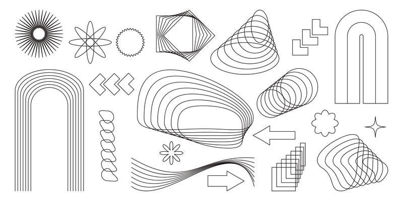 Aesthetic Y2K geometric shapes vector set. Futuristic brutalism line elements in 2000s style. Trendy retro modern forms and figures of graphic design.