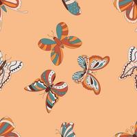 retro hippie mariposa 60s 70s sin costura modelo. boho verano vector impresión para tela, textil, cubrir, fondo de pantalla. natural Clásico colores mariposas repetir textura
