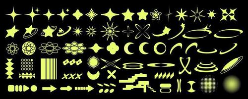 Set of Y2K bling retro elements and acid brutalism shapes. Hipster graphic objects for logo, icon, web design. Modern vector illustration isolated on black background