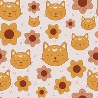 Retro cat with flowers seamless pattern vector