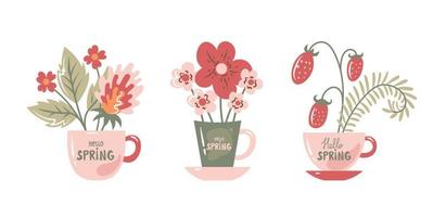 Hello spring mugs set vector