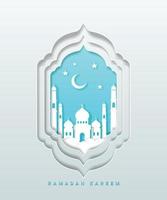 Ramadan kareem greeting card with 3d paper cut mosque and windows vector