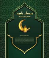 Ramadan kareem luxury greeting card with crescent moon golden lantern on green background vector