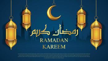 Ramadán kareem saludos con dorado linterna colgando en azul antecedentes vector