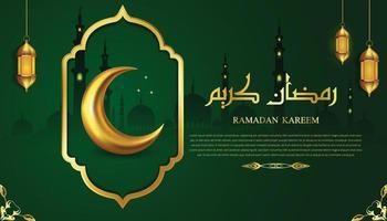 Ramadan kareem greeting card vector with crescent moon golden lamp on green background