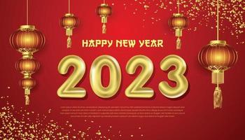 Happy new year 2023 vector with 3d gold number and red  background