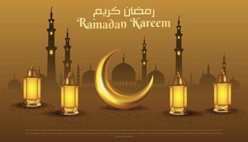 Ramadan kareem greetings with half moon and golden lamp on mosque background vector