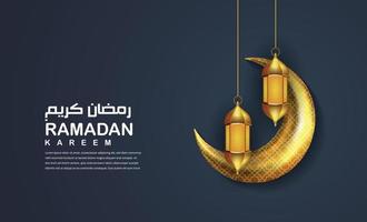 Ramadan kareem islamic greetings card design with crescent moon and hanging realistic lanterns vector