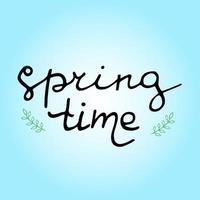 Vector illustration of spring time lettering on blue background with decortive elements. Spring card