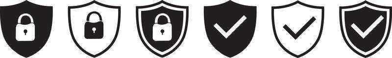 Set of security shield icons, security shields logotypes with check mark and padlock. Security shield symbols. Vector illustration.