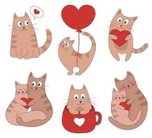 Cute cats in love collection. Romantic Valentines Day set for greeting card or poster. Cat with heart, kitten in cup, cats love, flying cat on balloon. Flyers, invitation. Vector concept illustration.