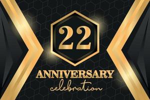 22 Years Anniversary Logo Golden Colored vector design  on black background template for greeting