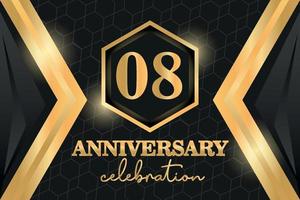 08 Years Anniversary Logo Golden Colored vector design  on black background template for greeting