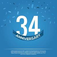 34th anniversary celebration vector design with white color numbers and white color font on blue color background abstract