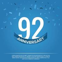 92nd anniversary celebration vector design with white color numbers and white color font on blue color background abstract