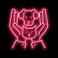hands holding cat and dog neon glow icon illustration vector