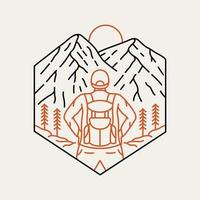 Backpacker Preparing to Climb the Top of the Mountain Monoline Design for Apparel vector