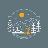 Camping in the Mountains with Campfire Monoline Design for Apparel vector