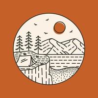 Camping on a Cliff with Beach and Mountains Background Monoline Design for Apparel vector
