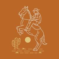 Cowboy Riding Horse in Desert Cactus Tree Monoline Design for Apparel vector