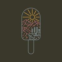 Enjoy Ice Cream While Camping Mountain Background Monoline Design for Apparel vector