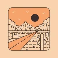 Road to the West crosses the Desert and Cactus Trees Monoline Design for Apparel vector