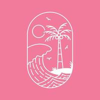 The Great Wave and Island in Summer Monoline Design for Apparel vector