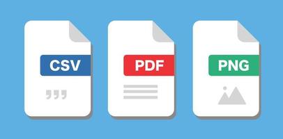 File Format Document icons. CSV, PDF, PNG. Vector. vector