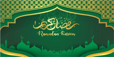 ramadan kareem concepto banner 3d marco dorado ventana árabe sobre fondo hermoso hermoso patrón árabe ilustración vectorial colgando luna creciente dorada y estrellas cortadas en papel en las nubes para texto vector