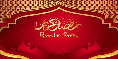 ramadan kareem concepto banner 3d marco dorado ventana árabe sobre fondo hermoso hermoso patrón árabe ilustración vectorial colgando luna creciente dorada y estrellas cortadas en papel en las nubes para texto vector