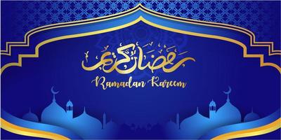 ramadan kareem concepto banner 3d marco dorado ventana árabe sobre fondo hermoso hermoso patrón árabe ilustración vectorial colgando luna creciente dorada y estrellas cortadas en papel en las nubes para texto vector