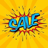 Comic Sale pop art splash with blue expression text on yellow background. Vector bright dynamic cartoon illustration in retro pop art style on halftone background.