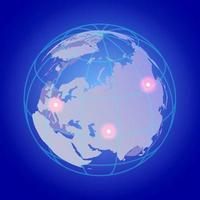 Neon glowing isometric globe on a blue background with red glowing dots. Earth. Vector illustration