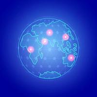 Neon glowing isometric globe on a blue background with red dots. Earth. Vector illustration