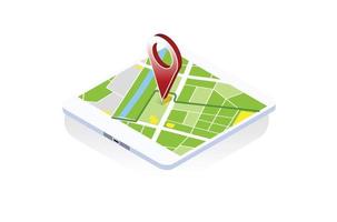 Modern isometric City map navigation in smartphone, point marker background, simple city plan GPS navigation, final destination arrow, paper city map. Route delivery checkpoint chart vector