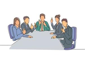 Single line drawing group of young happy businessmen and businesswomen siting on same desk together giving thumbs up gesture. Business meeting concept. Continuous line draw design vector illustration