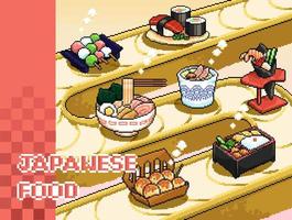 retro píxel Arte de clásico japonés aperitivos en giratorio transportador cinturón, incluso Sushi, dango, ramen, chawan mushi, temaki, bento y takoyaki vector