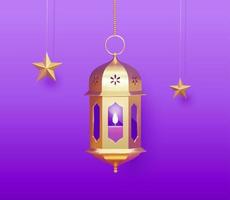 3d metal fanoos lantern and hanging stars. Elegant Islamic decor element isolated on blue background. vector