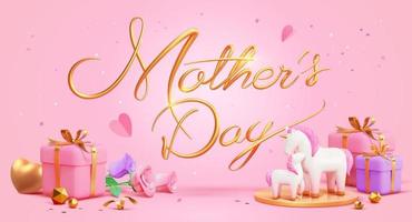 3d mother's day banner template with cursive gold typography, gift boxes and beautiful unicorn family. Concept of love from mothers. vector