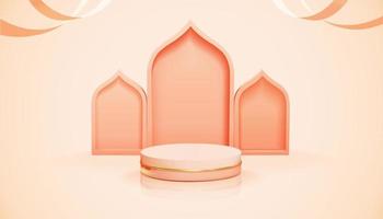 3d pink fashion product display background for Muslim holiday. Round podium with Islamic door frame and ribbons.